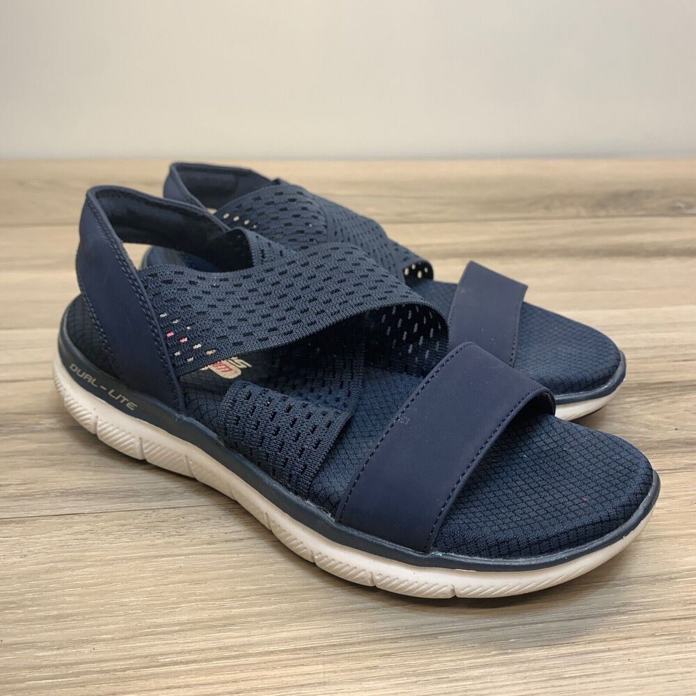 Skechers Sandals‎ Womens 5 Flex Appeal 2.0 Dual Lite Flats Blue Fabric Slip On
